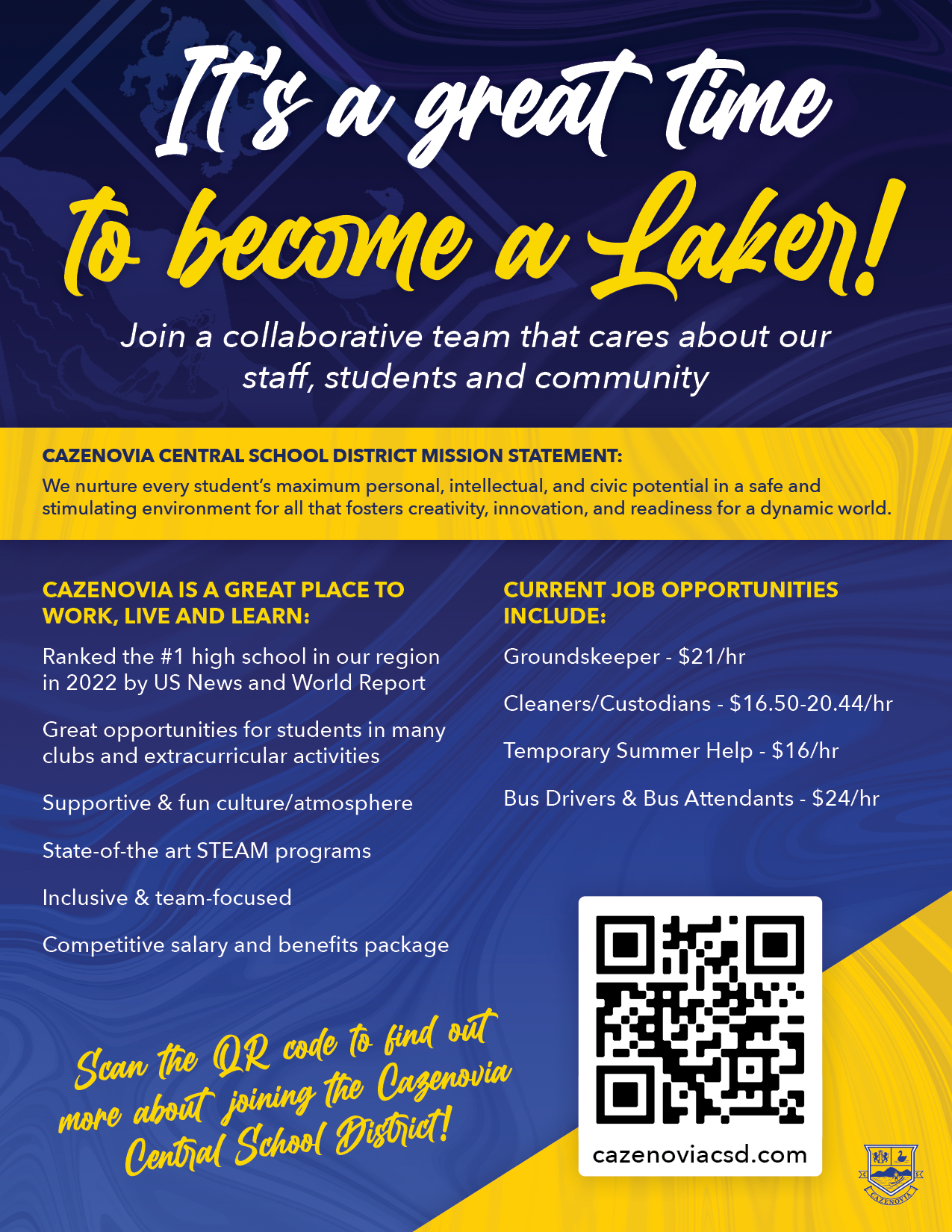 We're Hiring It's A Great Time To Be A Laker Cazenovia Central School District